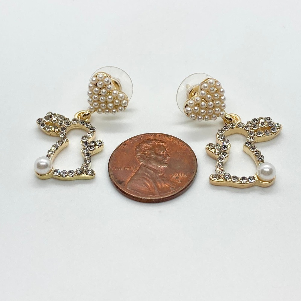 Pearl Rhinestone Dangle Easter Bunny Rabbit Earrings - Picture 12 of 13